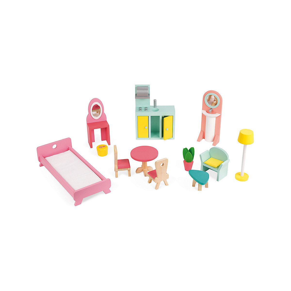 - Happy Day Holz-Puppenhaus, 3 Etagen und mit 12 Zubehörteilen, Spielzeugnachbildung, entwickelt die Fantasie, ab 3 Jahren, J06580