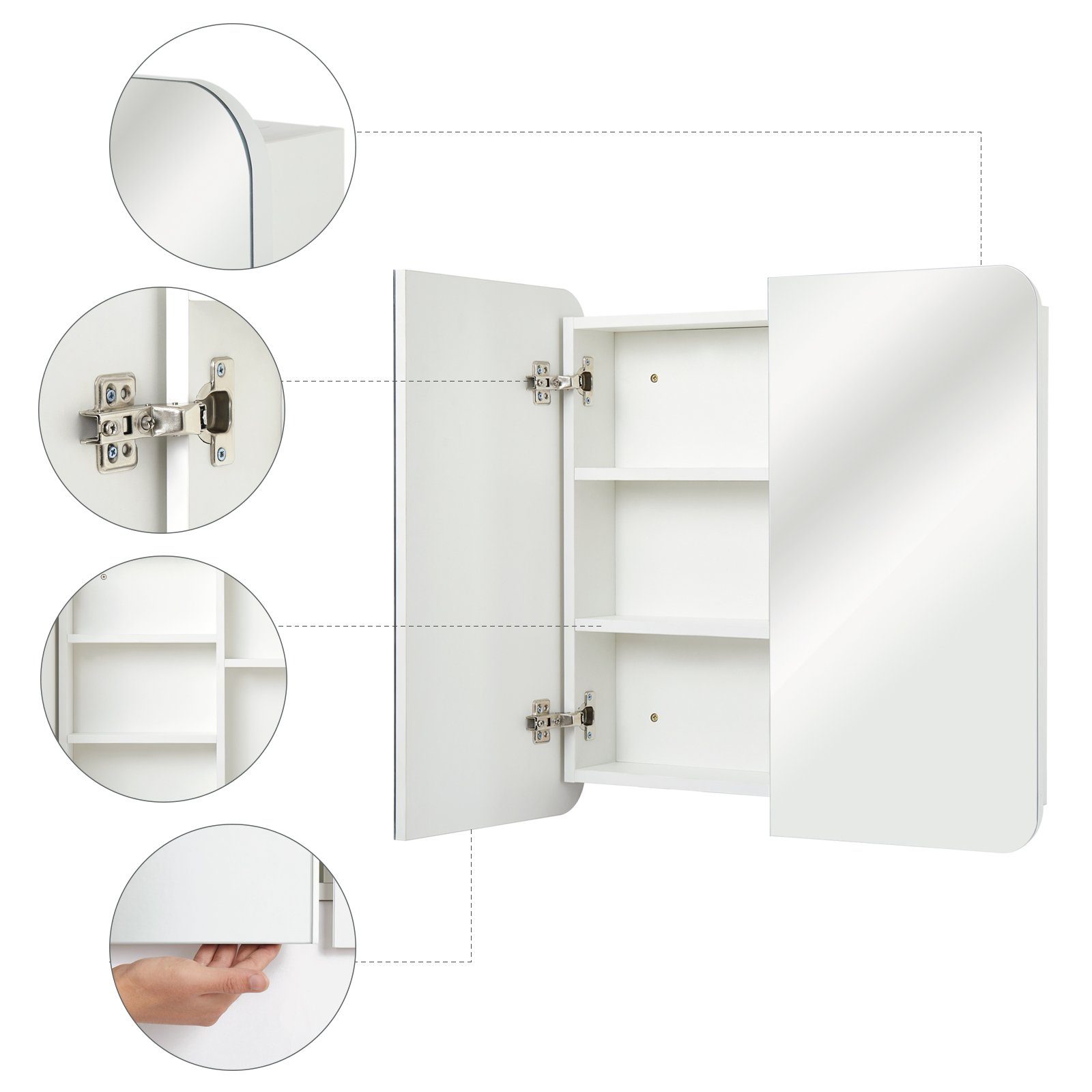 Mondeer Badezimmerspiegelschrank Badezimmerspiegel Hängeschrank, Wandschrank, mit 2 Türen 68 x 12.9 x 66 cm, Weiß