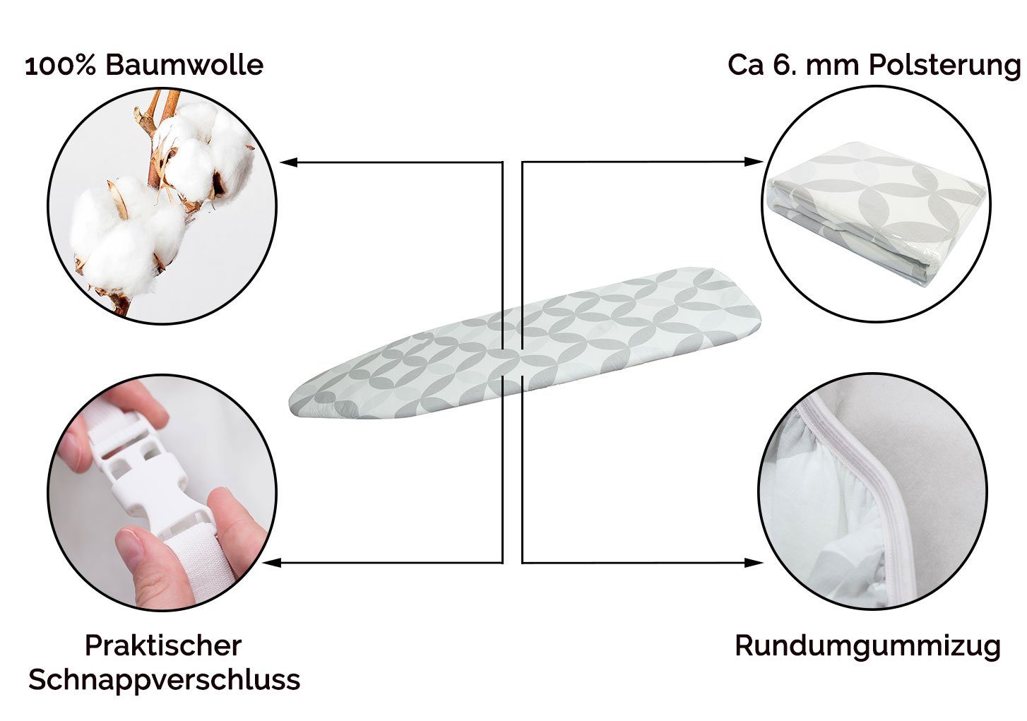 ZOLLNER Bügelbrettbezug, Gummizug, 100% Baumwolle, Schnappverschluss, 3mm dicker Fleece und Formschaum