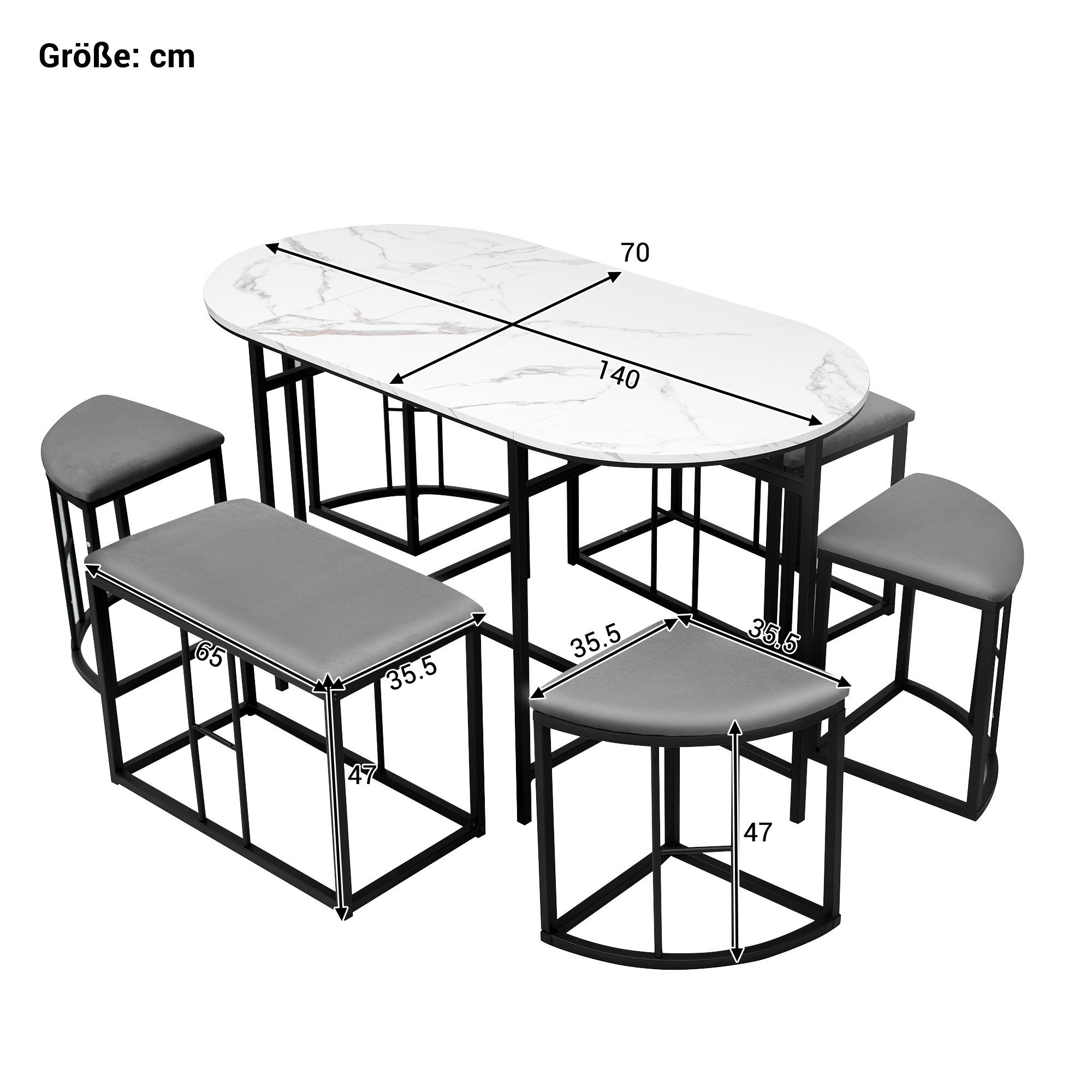 Merax Essgruppe mit gepolstertem Sitz, Marmoroptik, (7-tlg), Esstischset, Esszimmergarnitur Sitzgruppe, mit 2 Bänke und 4 Hocker