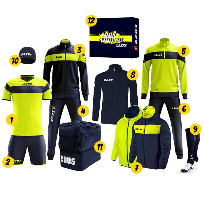 Zeus Apollo Fußball Set Teamwear Box 12-teilig Navy Neon Gelb