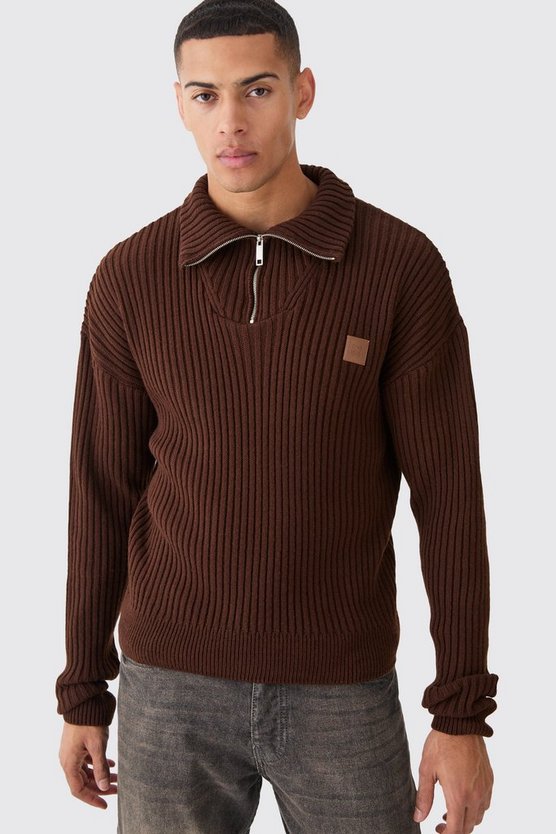 Gerippter Strick-Pullover mit 1/4 Reißverschluss und Trichterkragen