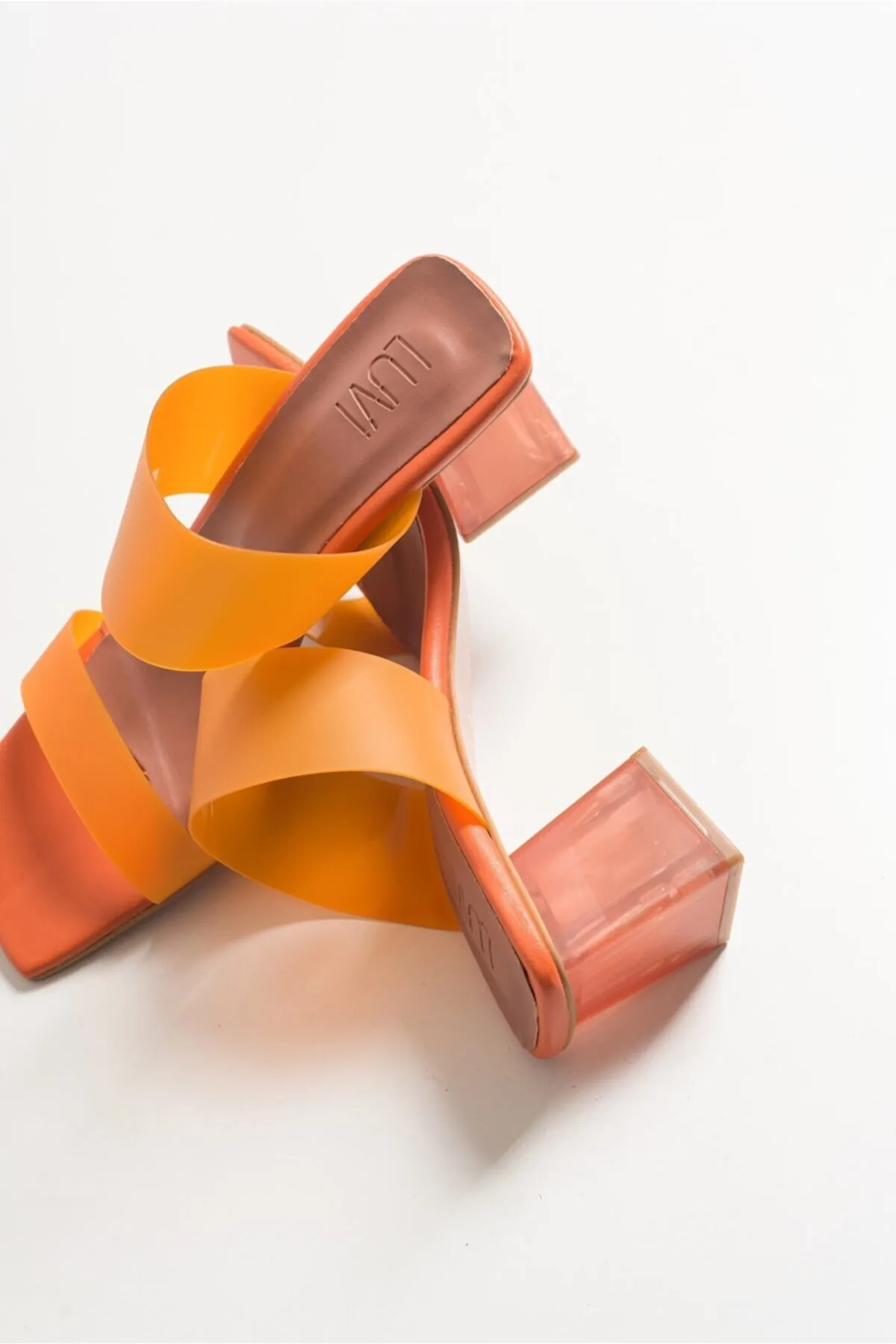 LuviShoes  Transparente Damen-Hausschuhe mit orangefarbener Haut und Absatz