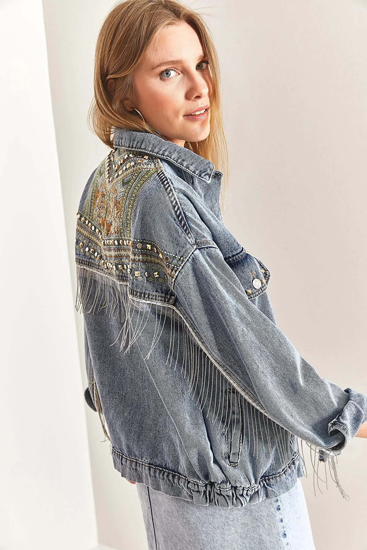 Bianco Lucci  Damen-Jeansjacke mit bestickter Steinstickerei