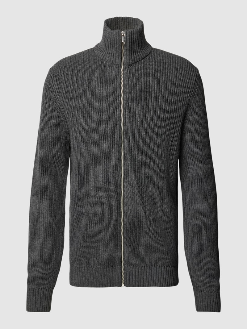 Strickjacke mit Stehkragen Modell 'MAIK' in dunkelgrau meliert