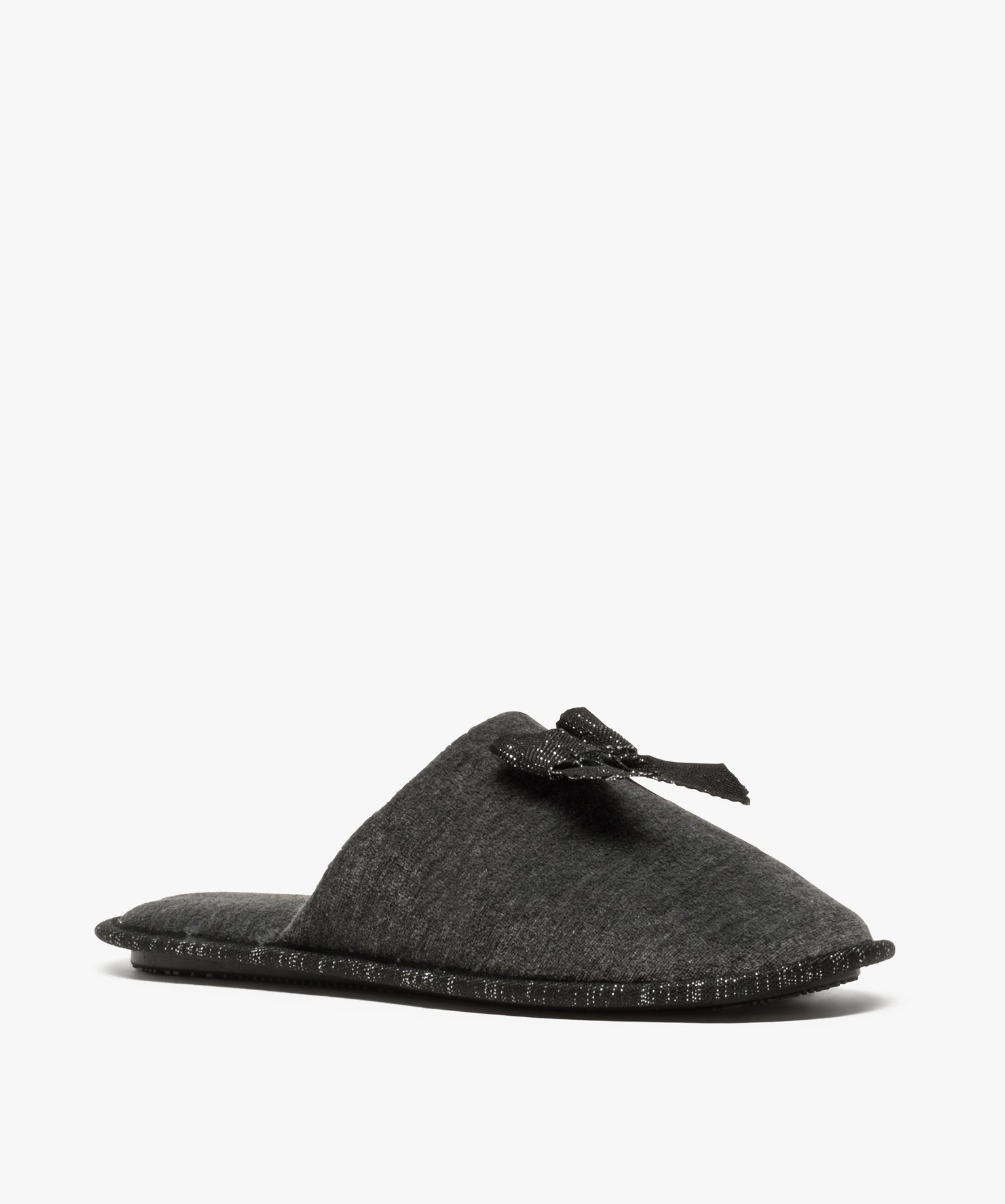 Chaussons femme forme mules en velours ras et n?ud pailleté gris fonce | GEMO
