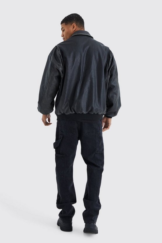 Zerrissene Oversize PU-Bomberjacke mit Einsätzen