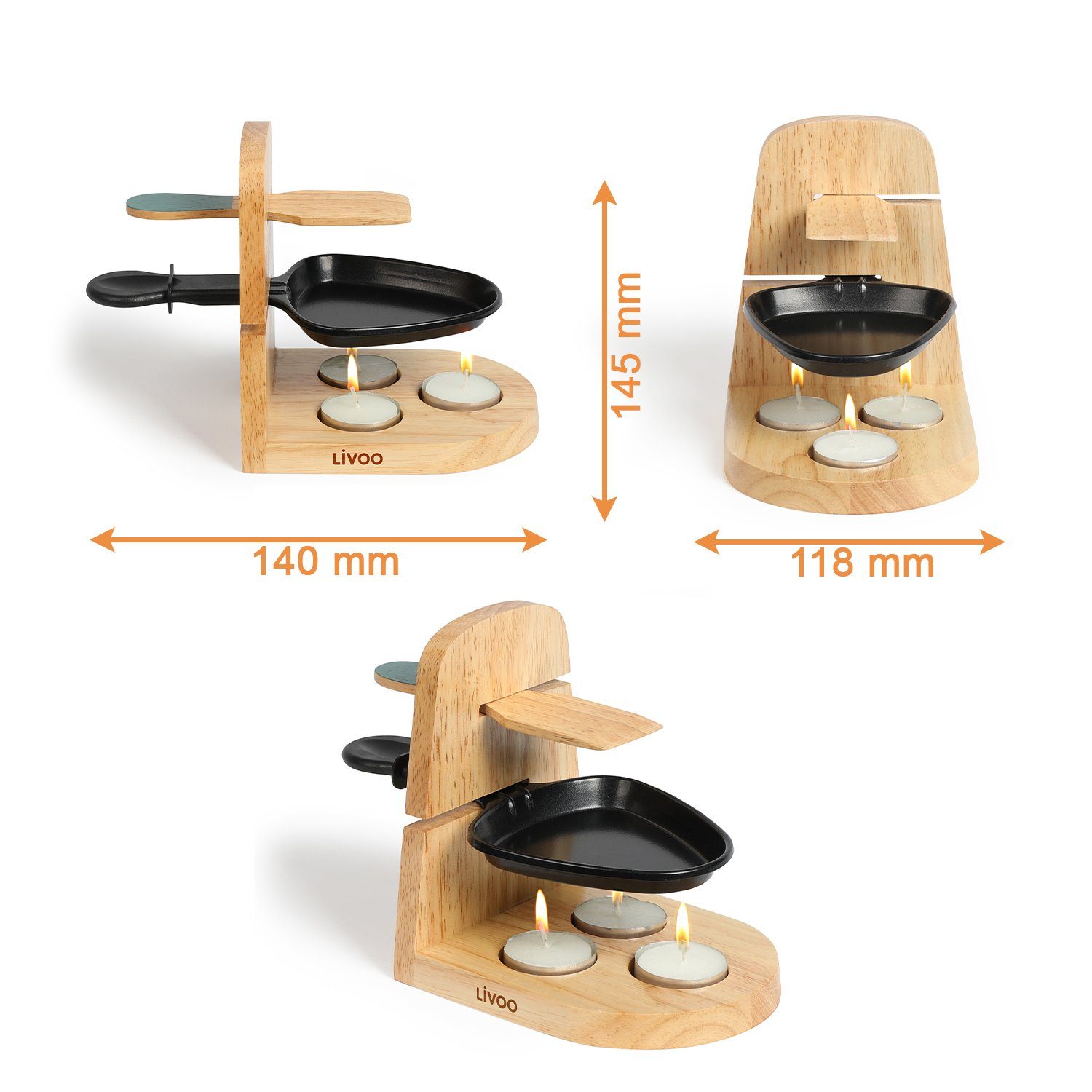 LIVOO Raclette LIVOO Raclette Set 1 Person Teelicht Camping Kerzen Holzspatel MEN397, 1 Raclettepfännchen, Teelichter, Racletteschieber, Raclettepfanne, Ständer aus Gummiholz