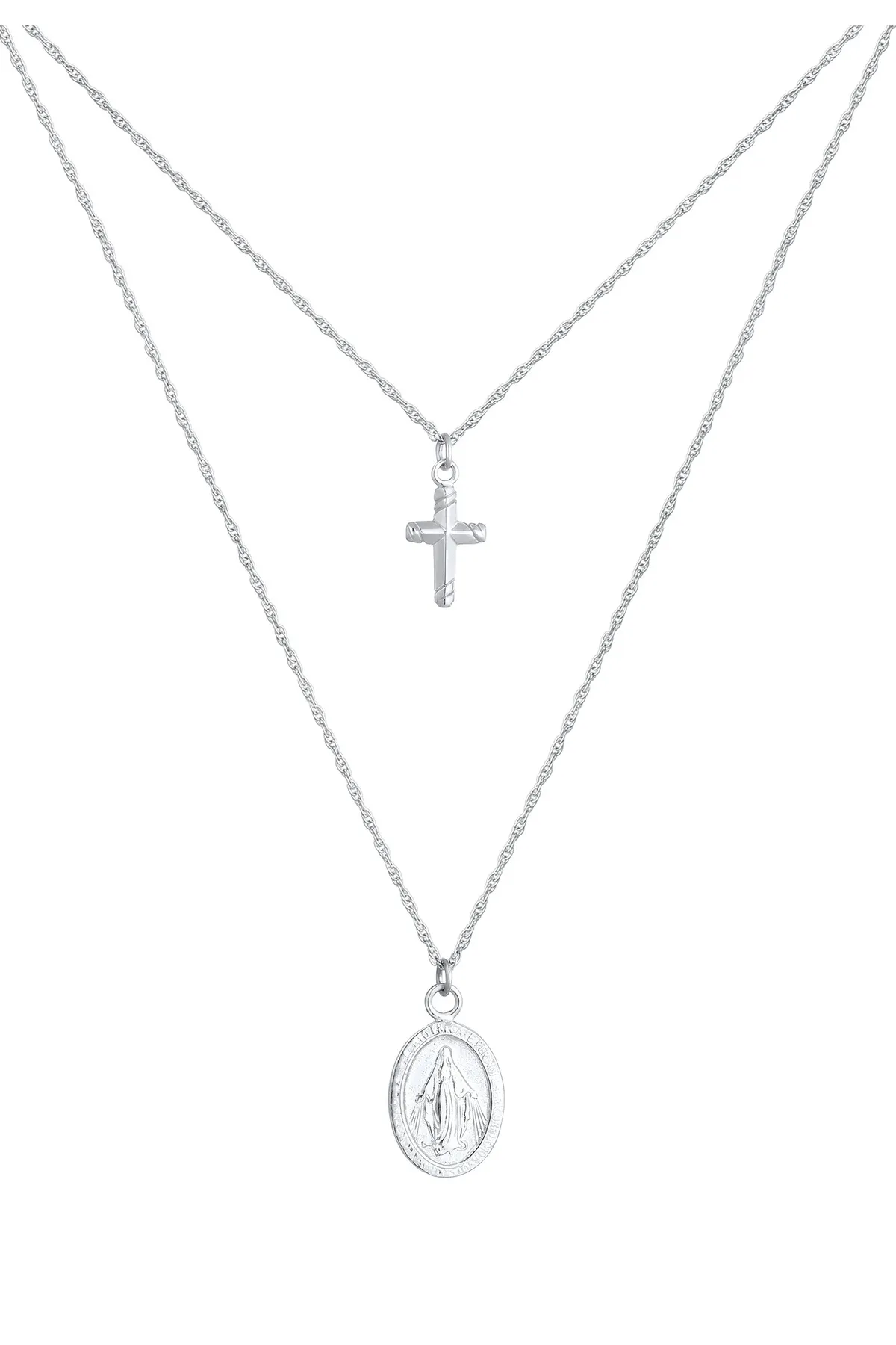 ELLI  Halskette Layering Kreuz Marienbild Zweireihig 925 Silber