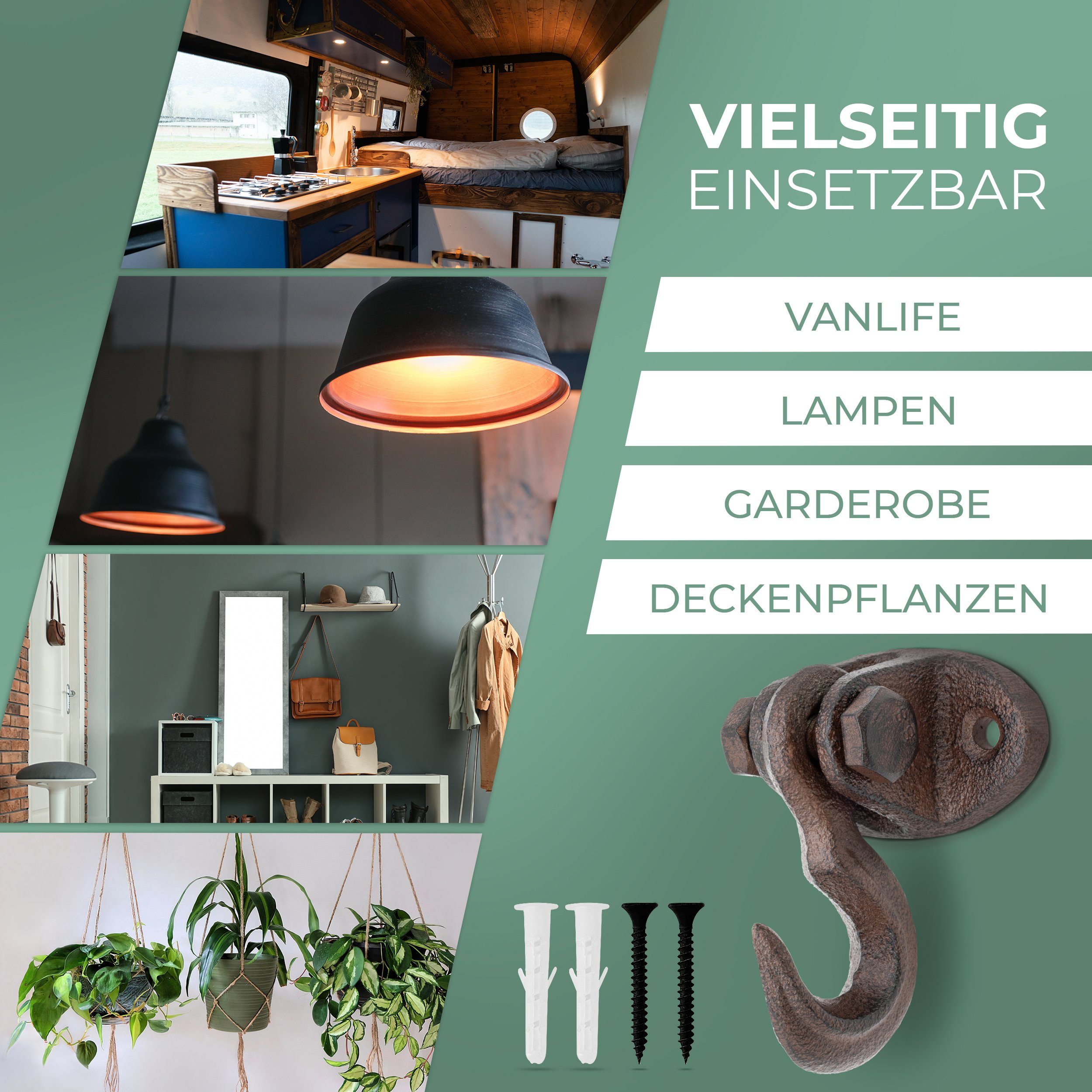 Glaskönig Garderobenhaken Rustikale Eisenhaken - bewegliche Wand und Deckenhaken - Gusseisen (traditionell gegossene Gusshaken, 2 Stück beweglich), ideal für eine DIY Befestigungslösung