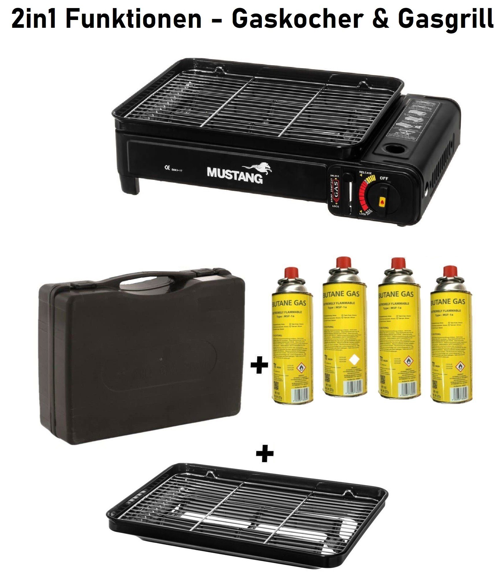 JUNG Gaskocher MUSTANG mobiler Campingkocher Gaskocher &Gasgrill inkl 4 Gaskartuschen, (2 in 1 Gaskocher, Extra groß, praktischer Transportkoffer), mit Piezo-Zündung, Extra groß - 43x28x11,2cm, mit Grillrost
