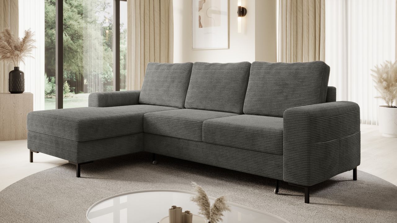 Möbel Punkt Ecksofa SAIGON Cord Anthrazit Grau mit Bettfunktion & Bettkasten Ottomane links