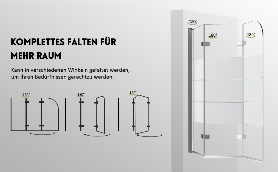 GOEZES Badewannenfaltwand 140x140 130x140 120x140 Badewannenaufsatz 3 teilig faltbar Milchglas, 5mm Sicherheitsglas,Alu Wandprofil, (Duschwand für Badewanne, mit Duschdichtung), komplett faltbar, Beidseitig 180° schwenkbar