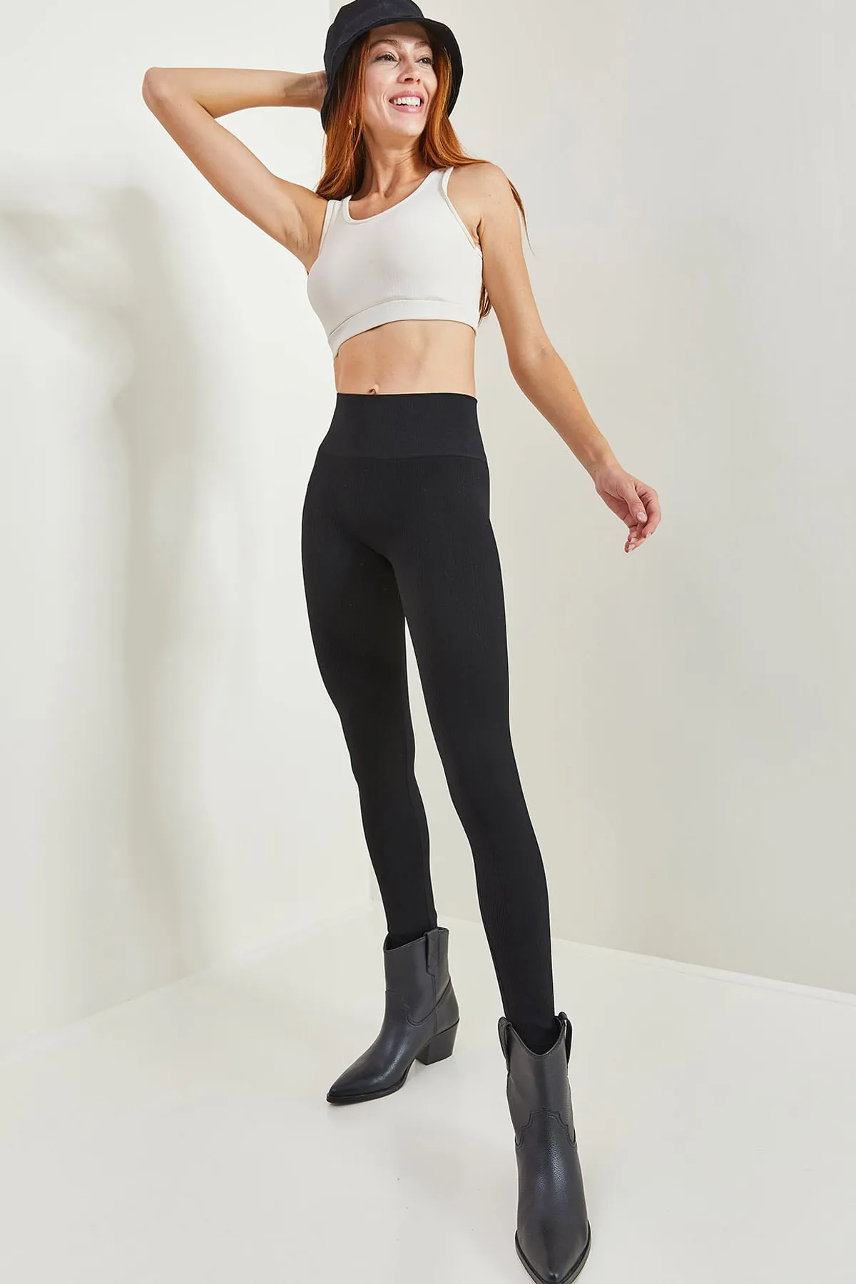 Bianco Lucci  Gerippte Leggings für Damen mit breitem Gürtel