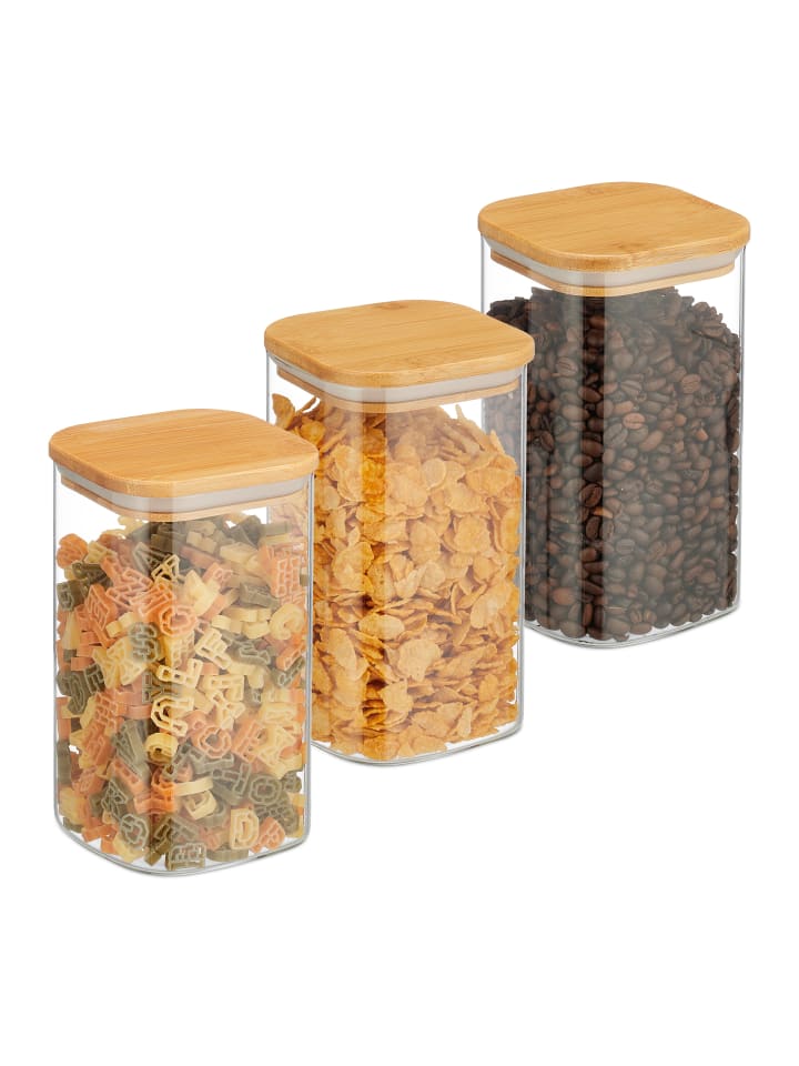 relaxdays 3 x Vorratsglas in Transparent/ Natur - 1200 ml günstig kaufen onesize