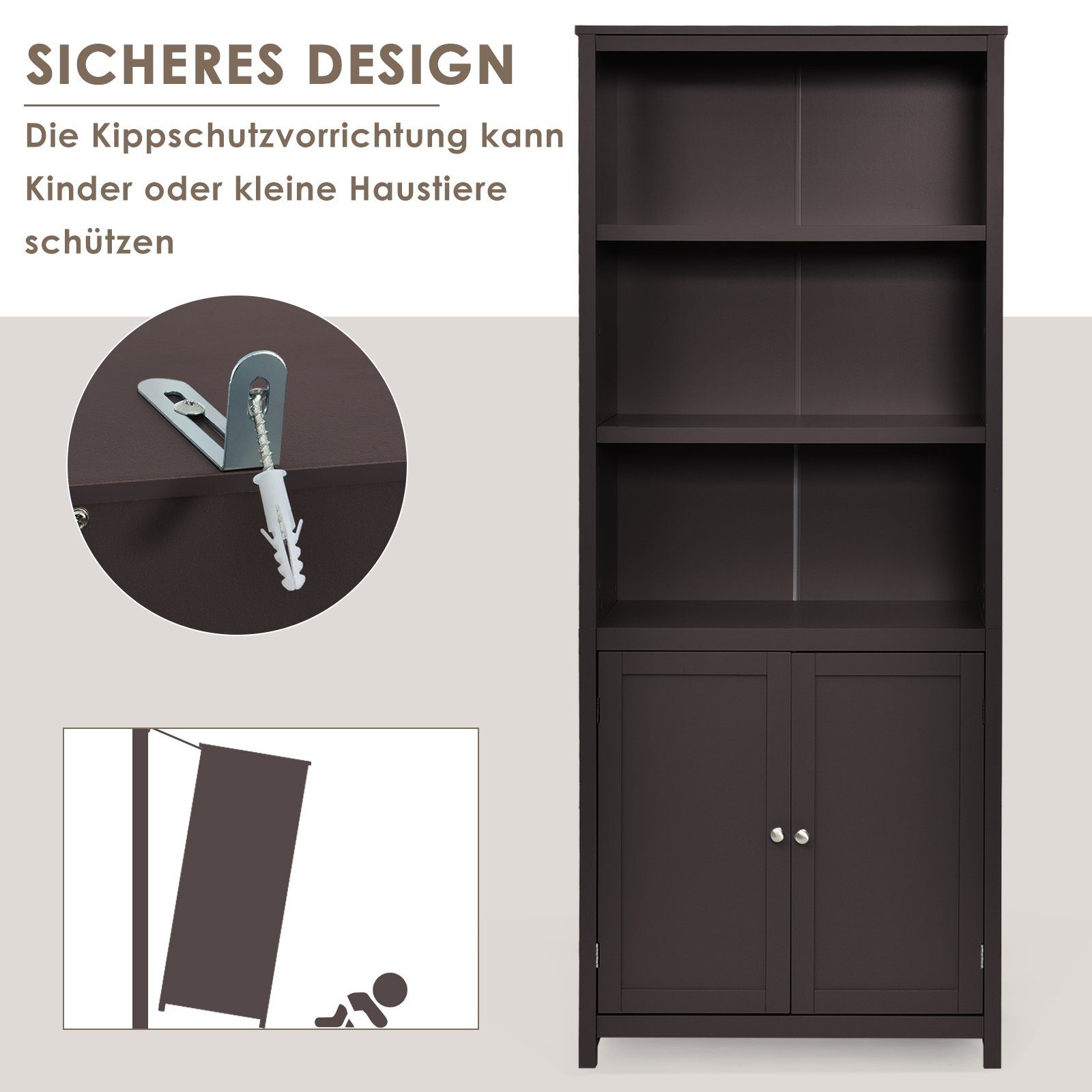 COSTWAY Bücherregal, mit Türen & Schrank, 3 offene Regale, 74,5x35,5x181,5 cm
