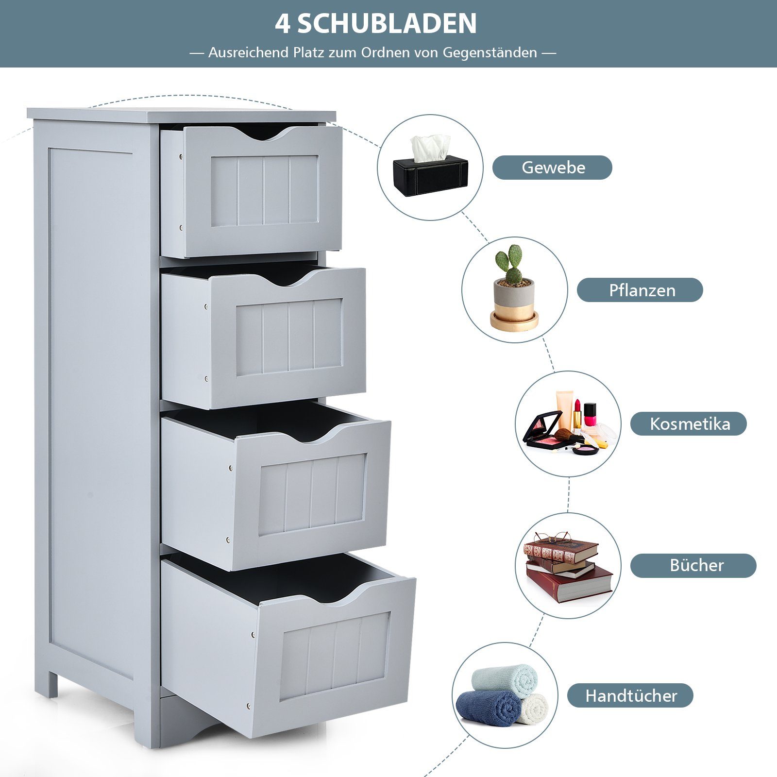 COSTWAY Badkommode Badezimmerschrank, mit 4 Schubladen, 82cm, Kippsicherung
