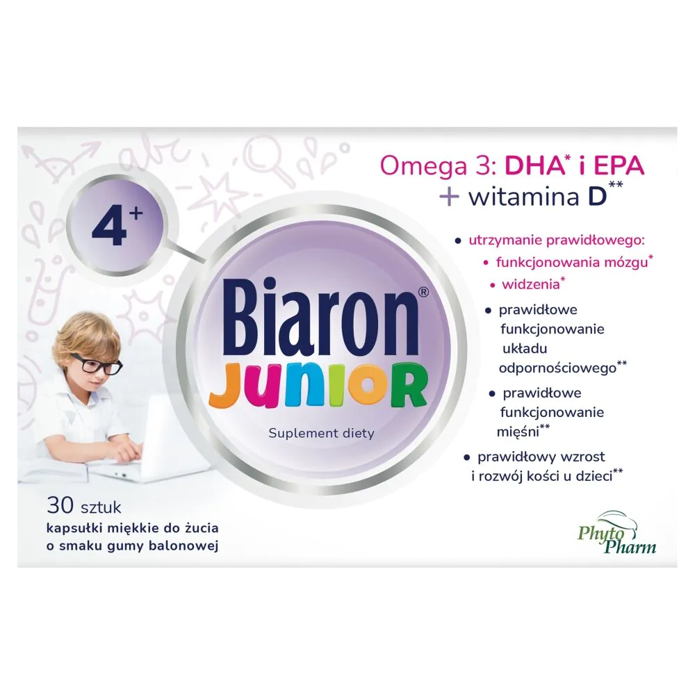 Biaron Junior, Omega-3 + vitaminas D vaikams nuo 4 metų ir suaugusiesiems, minkštos kramtomosios kapsulės, kramtomosios gumos skonio