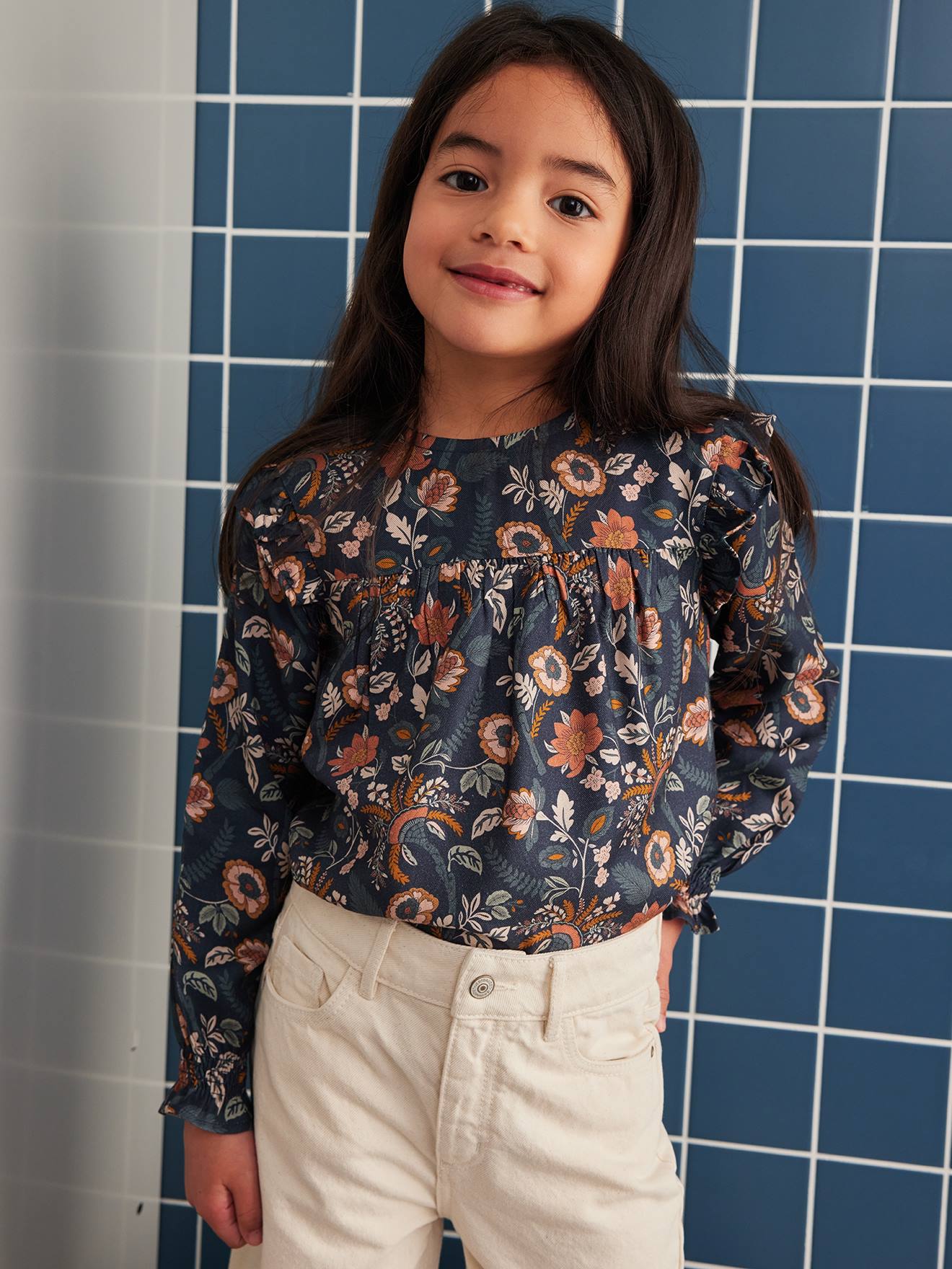 Blouse fleurie fille manches volantées bleu grisé