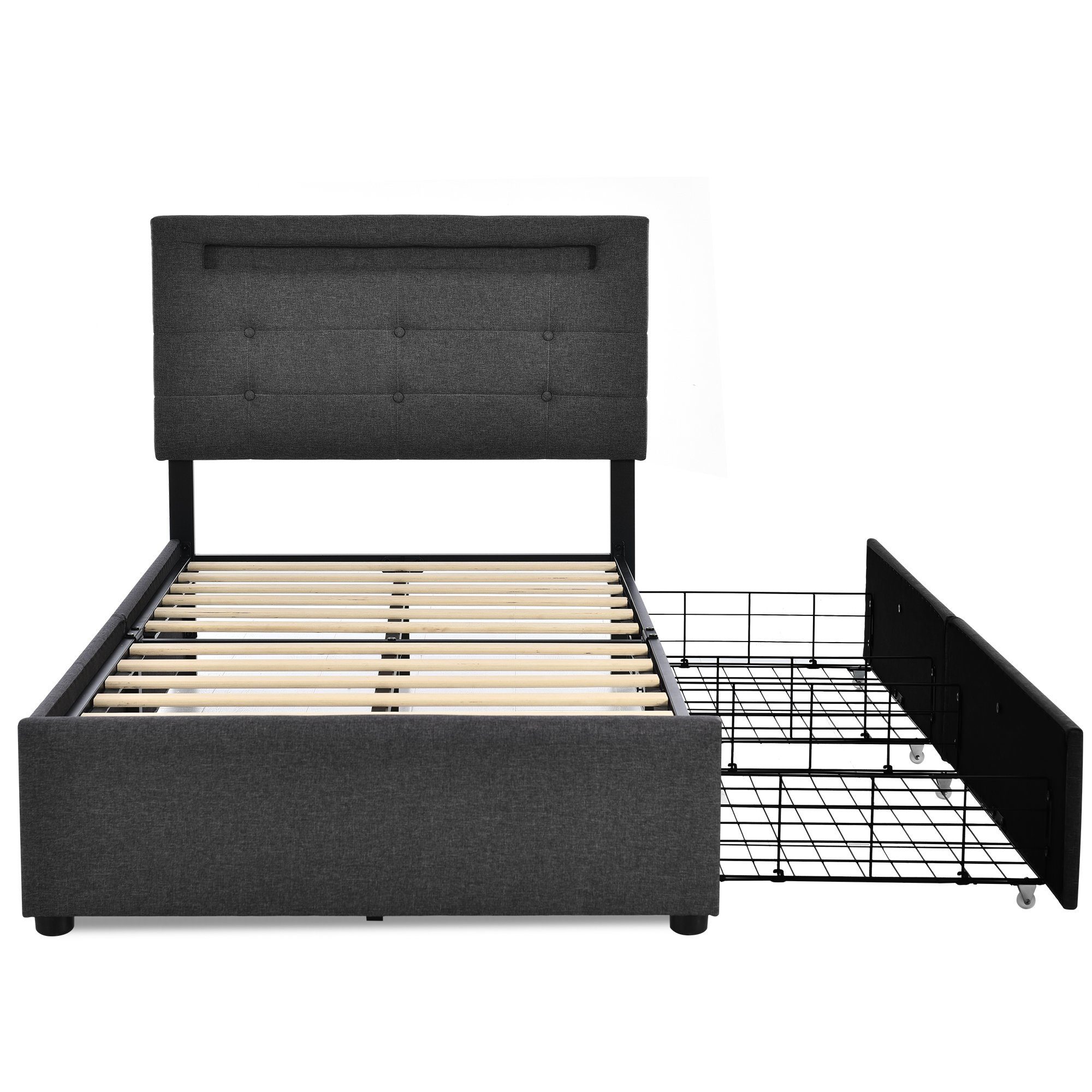 Flieks Polsterbett, LED-Beleuchtung Einzelbett 2 Schubladen Leinen 90x200cm