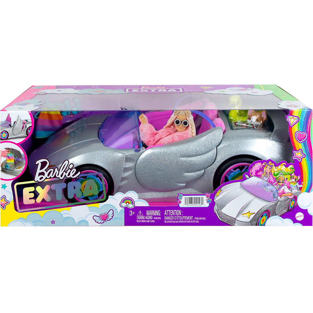 Barbie Extra Auto Cabrio (glitzert) mit Regenbogen Reifen, Zubehör