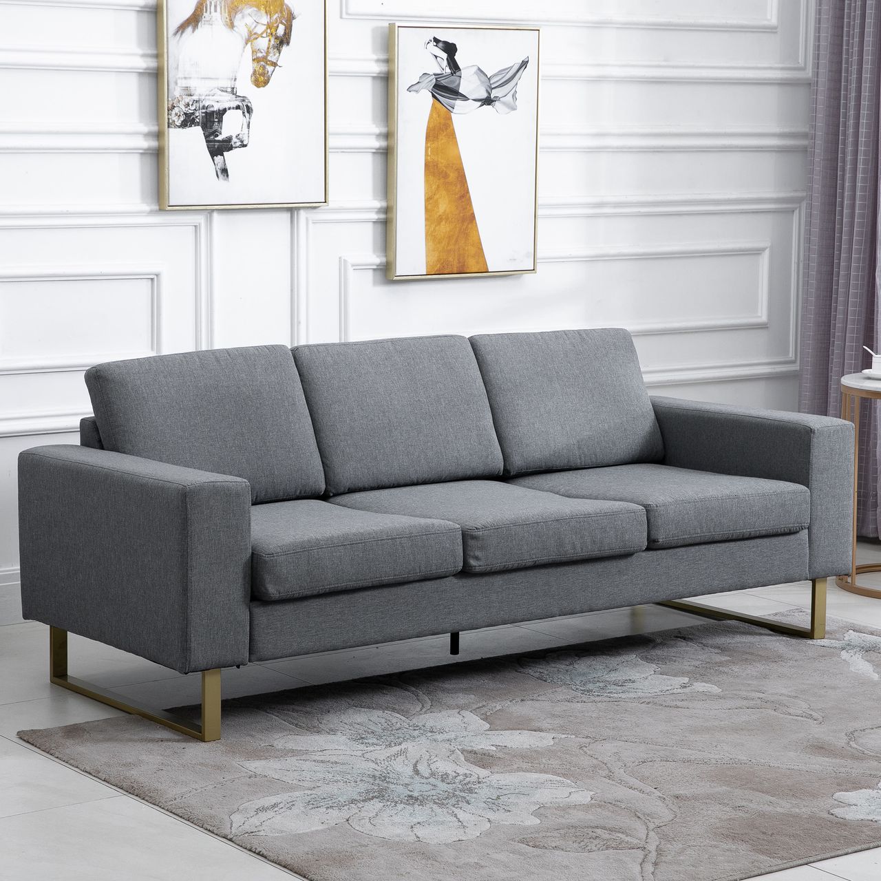 HOMCOM Polstersofa 3-Sitzer Sofa Stoffsofa Sitzmöbel Fernsehsessel Kissen Armlehne Leinen dunkelgrau 200 x 82 x 78 cm