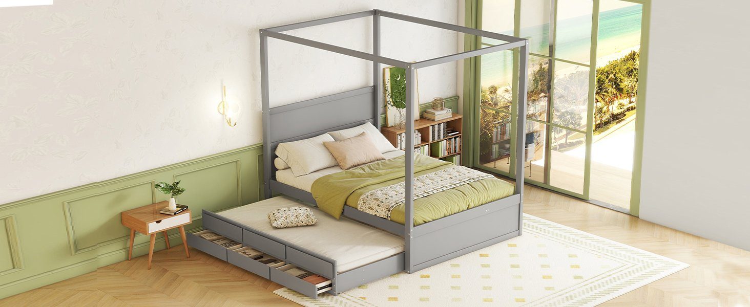 Ulife Himmelbett Funktionsbett,Massivholzbett,Ausziehhare Liegeffäche,Stauraumbett, zwei Schubladen, 140 x 200cm