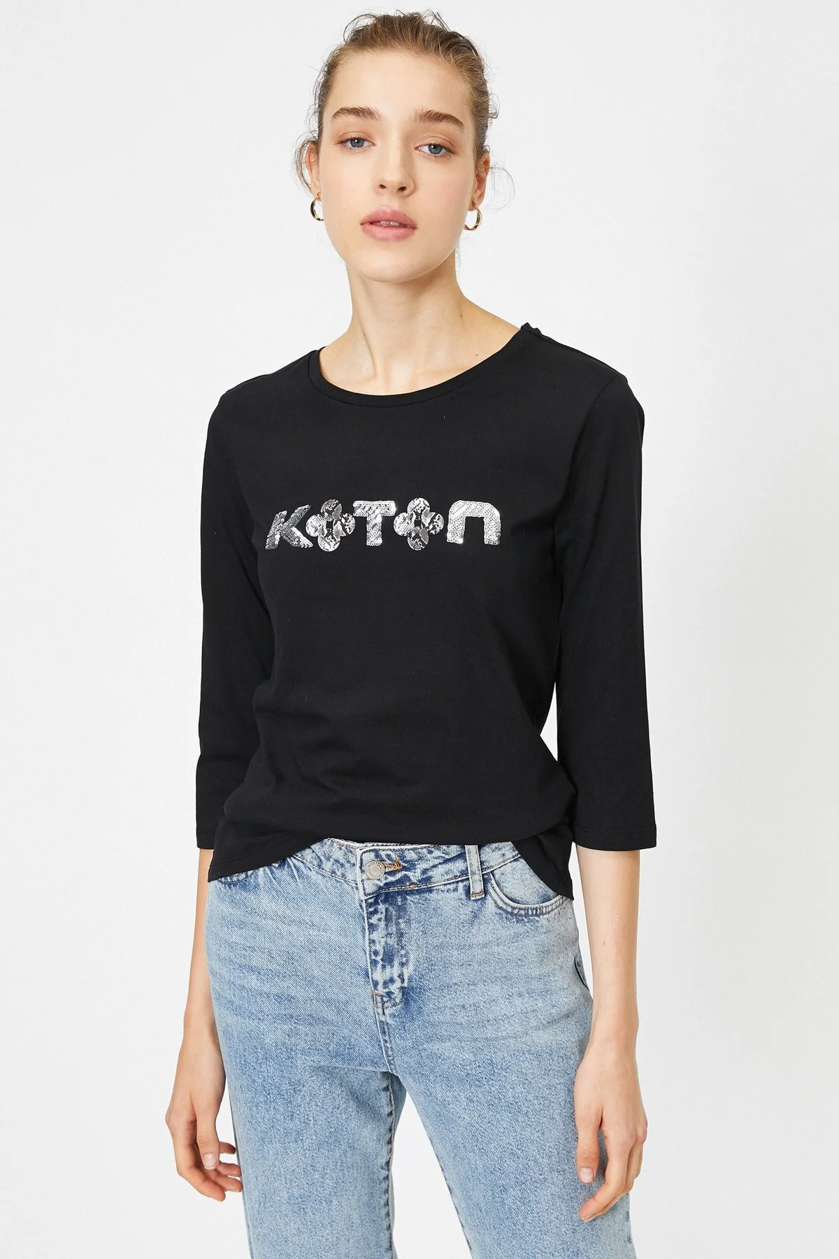 Koton  Schwarzes Damen-T-Shirt 9YAP13395EK