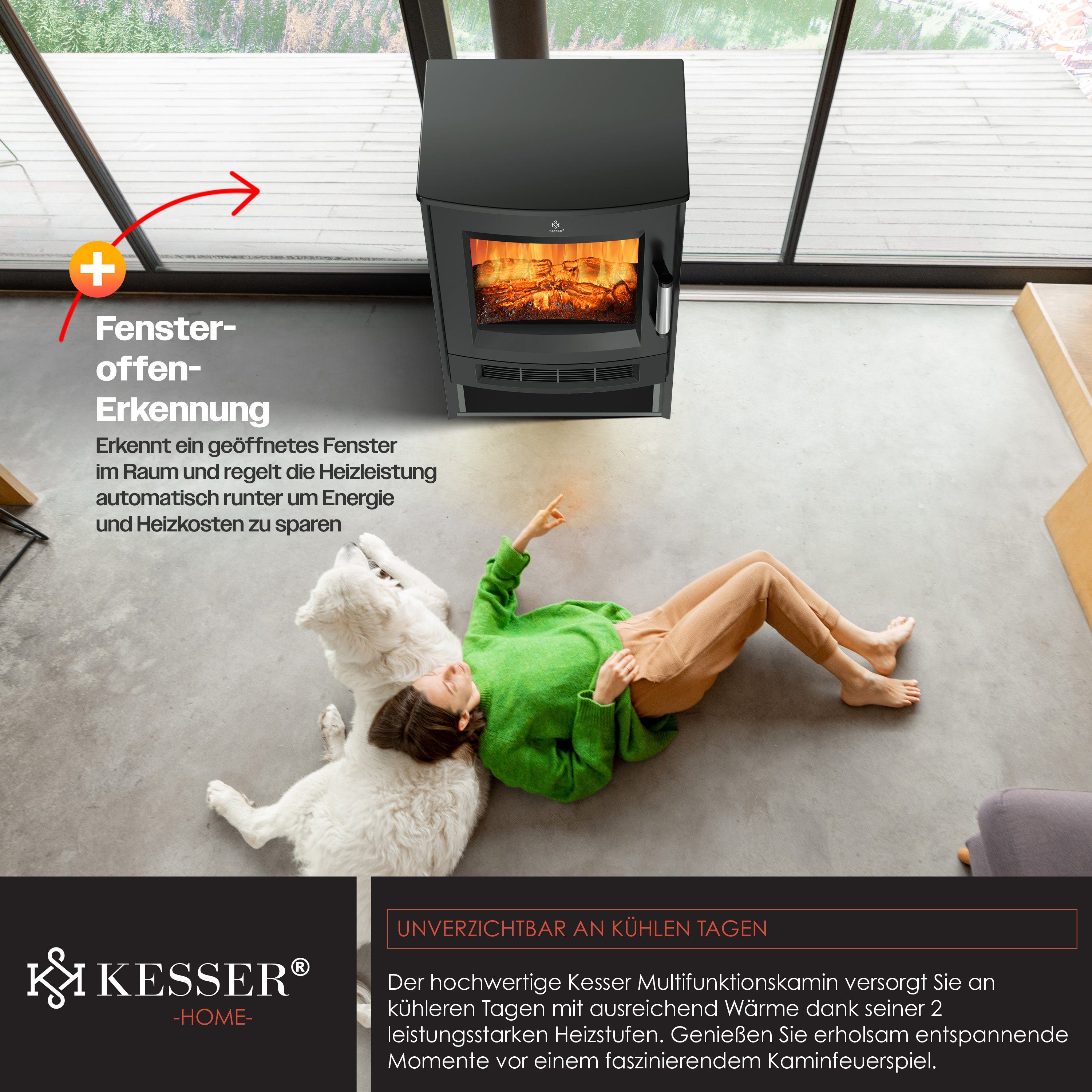 KESSER Elektrokamin, mit Heizung Panorama-Sichtfenster Heizlüfter 9 LED-Flammeneffekt
