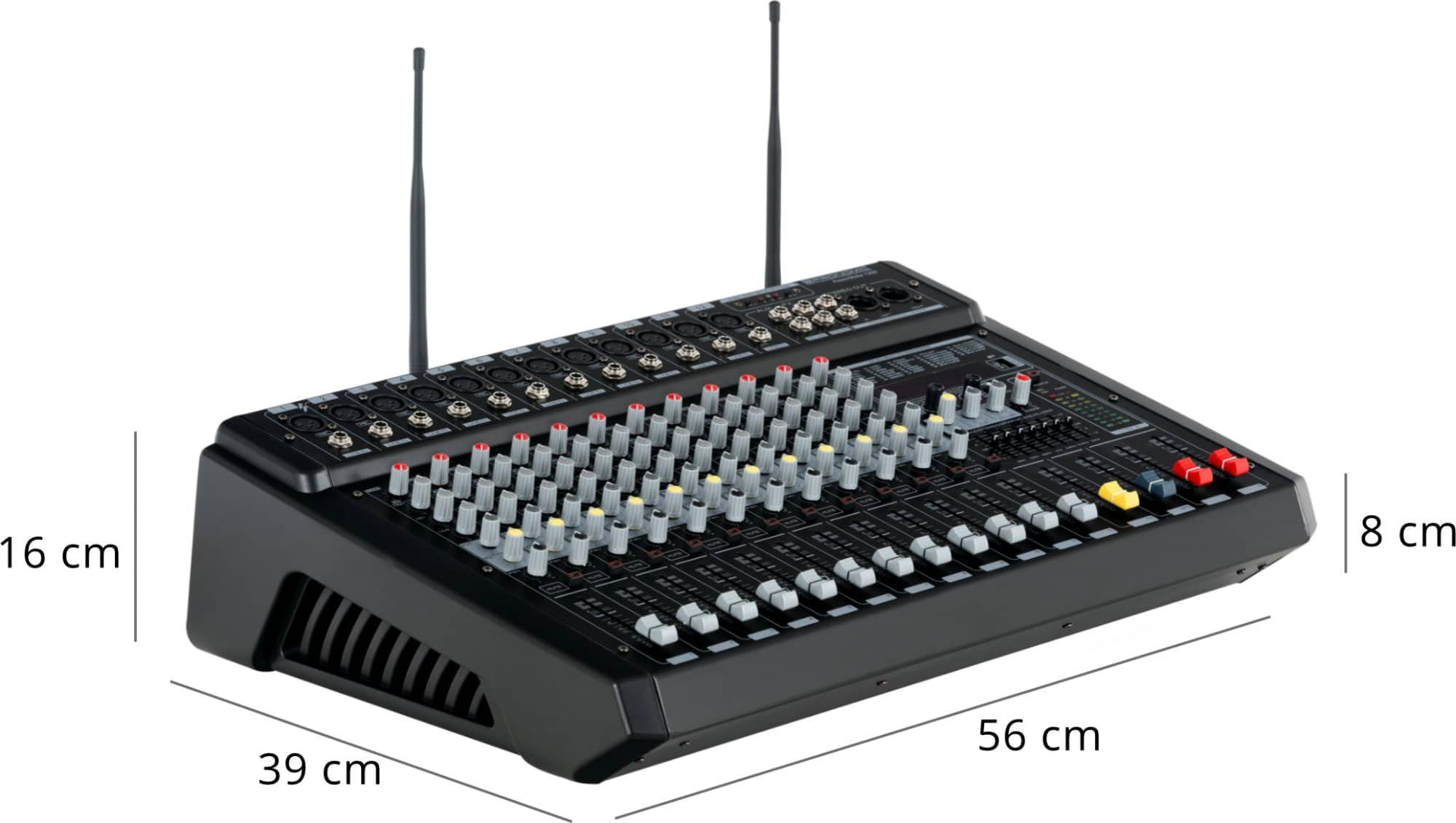 Pronomic Mischpult 12-Kanal-Powermischer 760 Watt RMS-Leistung, (inkl. 2 Funkmikrofone und im Mixer integrierter UHF-Empfänger), Bluetooth®/USB-Player/Recorder - Grafischer Equalizer