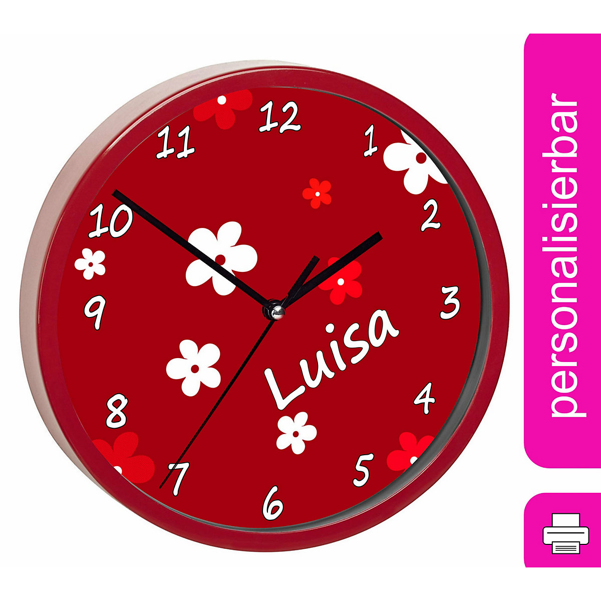 Kinder Wanduhr personalisiert mit Name Blumen Rot