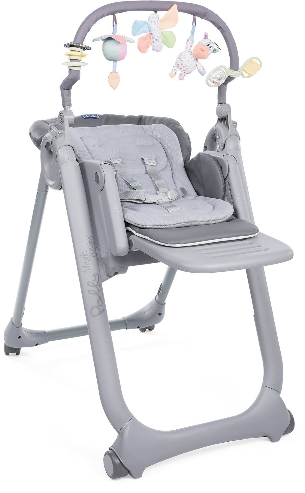 Chicco Hochstuhl Polly Magic Relax, Graphite, mit Spielbogen & Sitzverkleinerer, Made in Europe