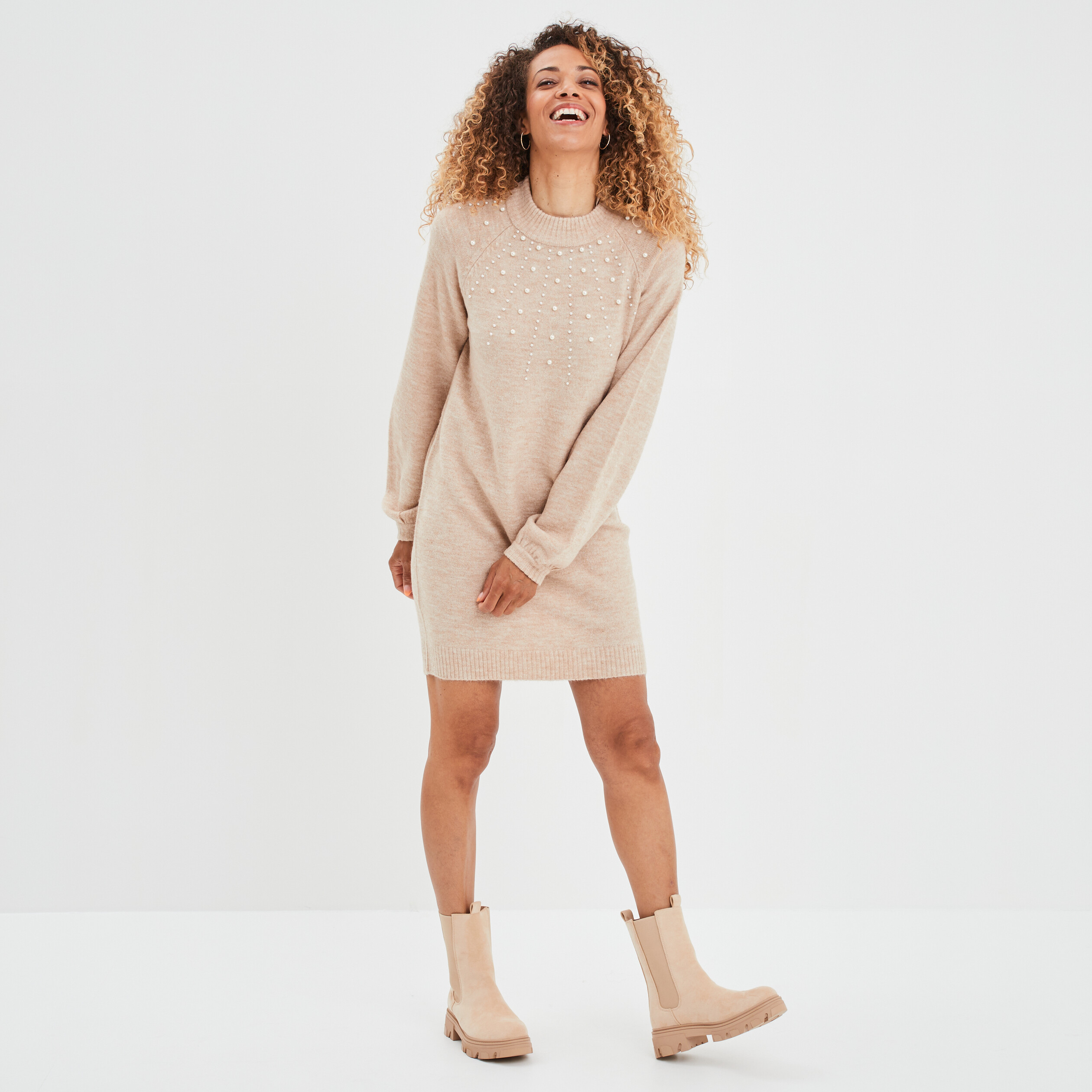 Robe pull à perles manches ballons sable femme | La Halle