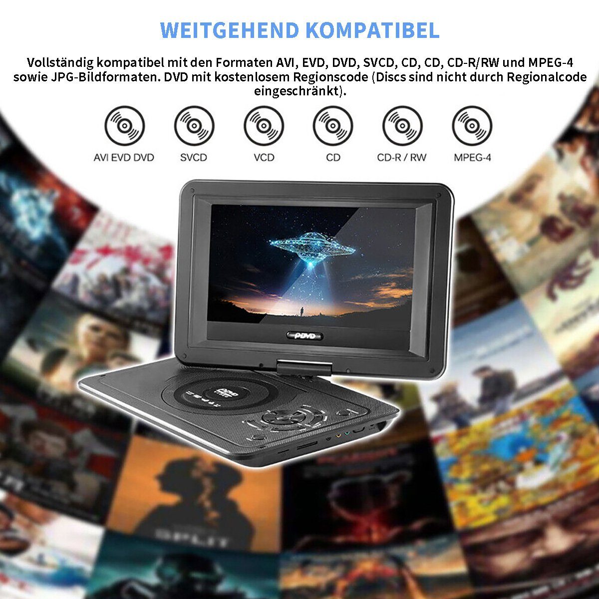 Yoyaxi Tragbarer 9-Zoll-3D-TV-VCD-HD-DVD-Player Portabler DVD-Player (LCD 270° schwenkbarer Bildschirm, Spiel-Joystick, VCD, USB)