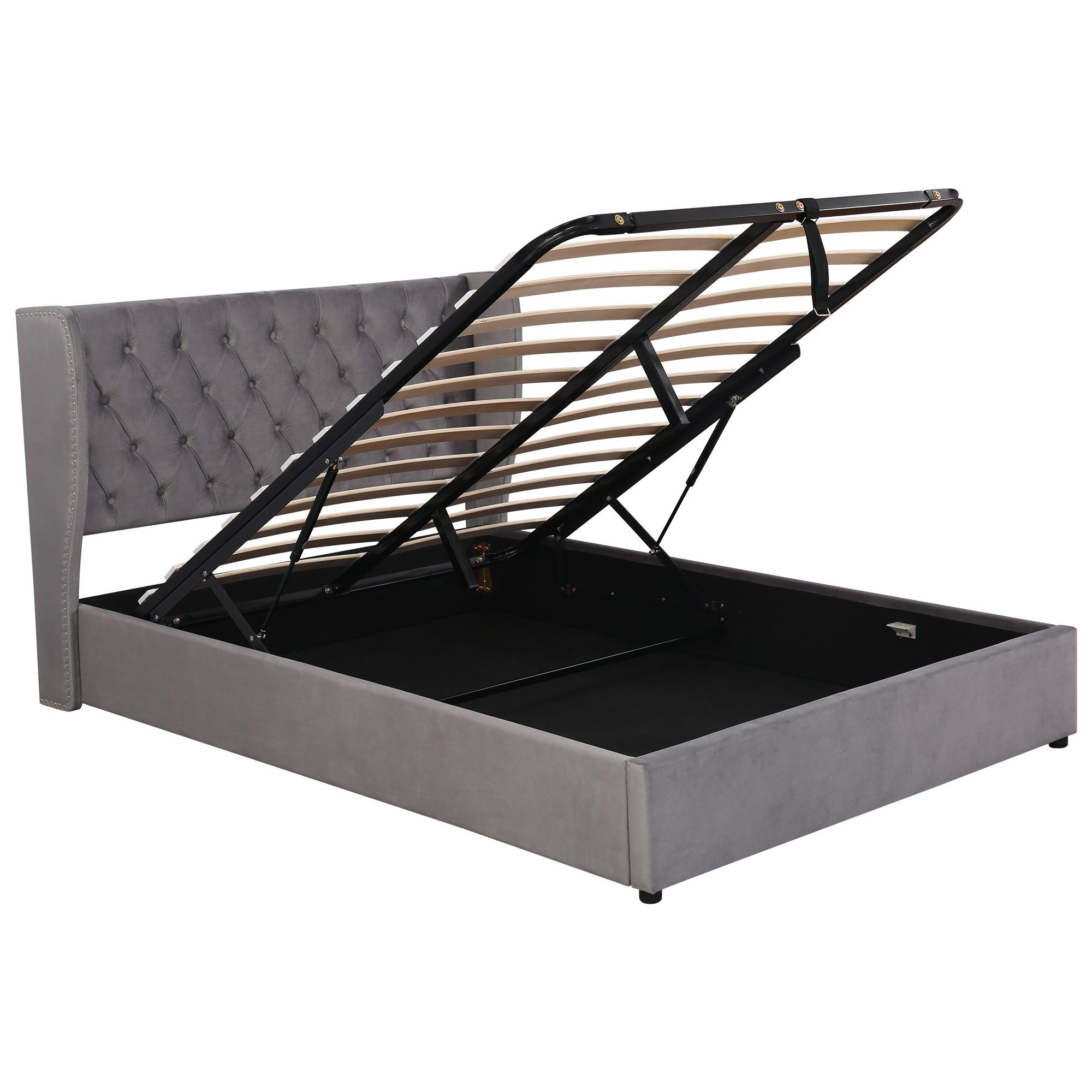 OKWISH Polsterbett Doppelbett Stauraumbett, Kiefernholz Flanell 140*200cm Ohne Matratze