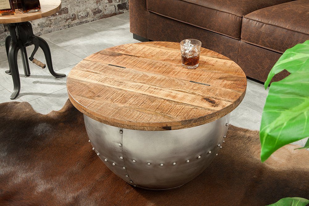 riess-ambiente Couchtisch DRUMP STORAGE Ø70cm natur / silber (Einzelartikel, 1-St), Wohnzimmer · Massivholz · rund · Metall · mit Stauraum · Industrial
