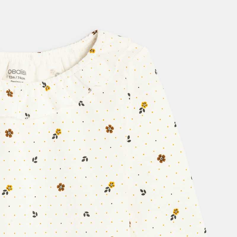 Tee-shirt fleuri col à volants marron bébé fille
