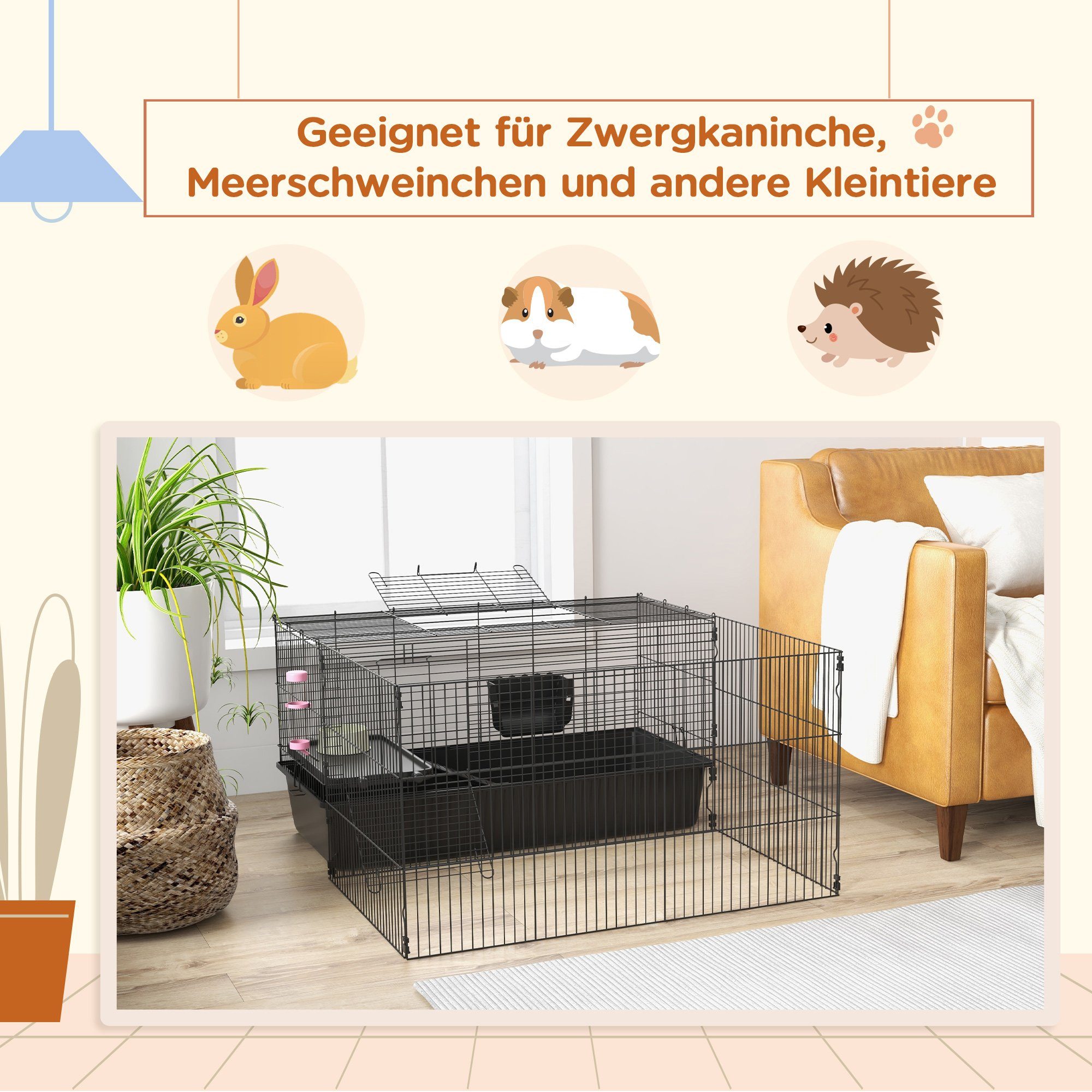 PawHut Kleintierkäfig Kleintierkäfig Nagerkäfig mit Zubehör Kleintierstall Stahl Schwarz, 112.5L x 99B x 54Hcm