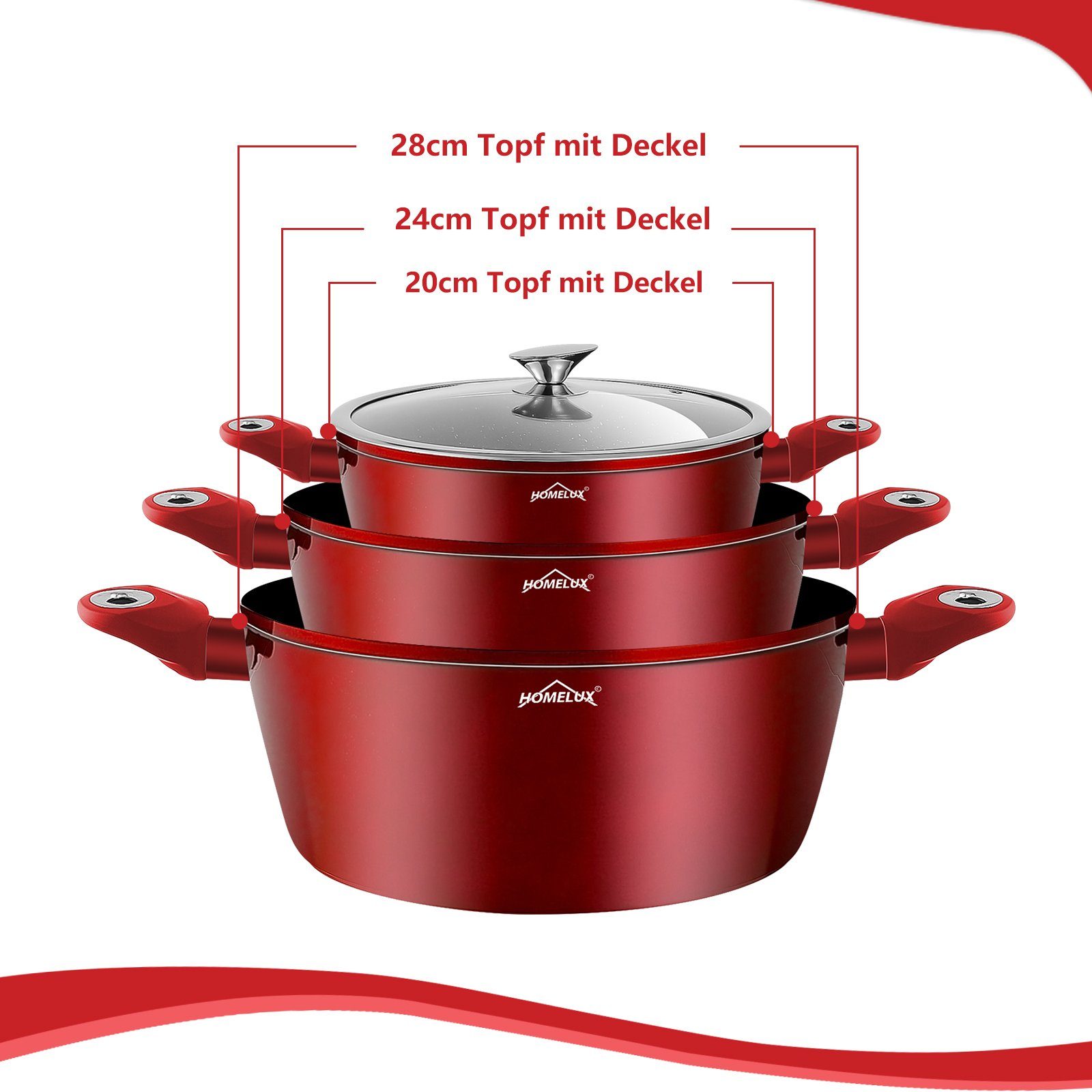 HOMELUX Topf-Set 10 tlg Aluminium Kochtopf mit Glasdeckel Antihaftbeschichtung Topf, Aluminium (4 Töpfe mit Glasdeckel + 2 Pfanne), Induktionsgeeignet