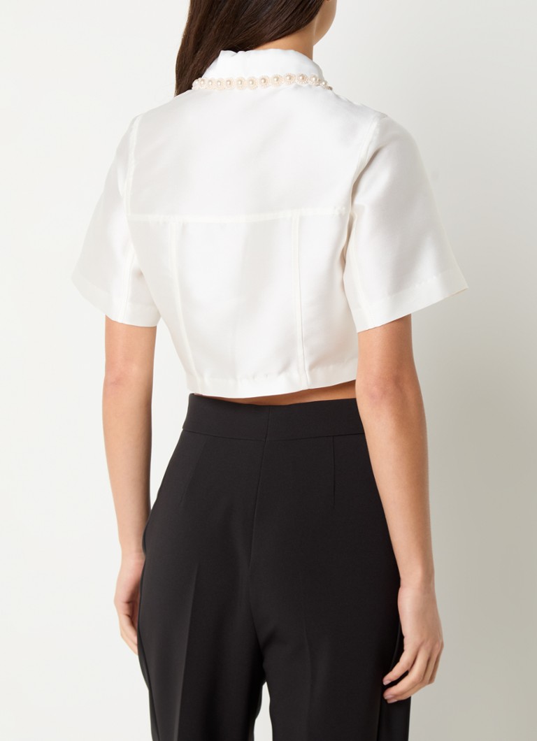 Blusa cropped Sandro em mistura de seda com detalhes em miçangas.