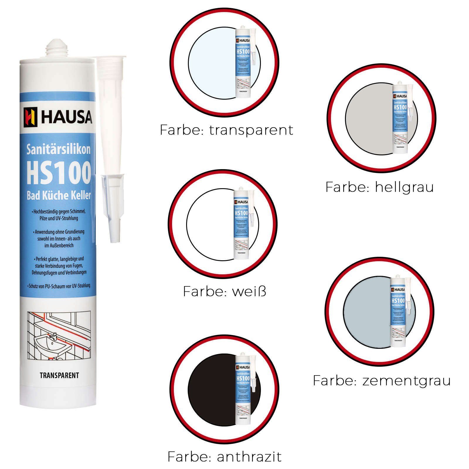 Hausa Silikon schimmelresistent, Sanitär Silikon HS100, Kartusche 310 ml, (Dichtmasse Fuge, 1-tlg., Verfugen Bad Dusche Küche acetatvernetzend), antischimmel Sanitär Silikon zum Abdichten
