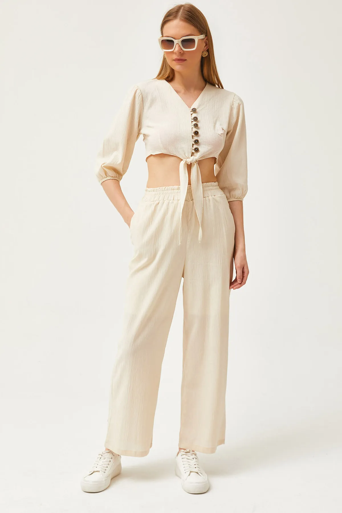 Olalook  Damen-Set mit Steinoberteil, geknöpfter Bluse und Hose mit unterer Tasche, Leinen-Set TKM-19000277