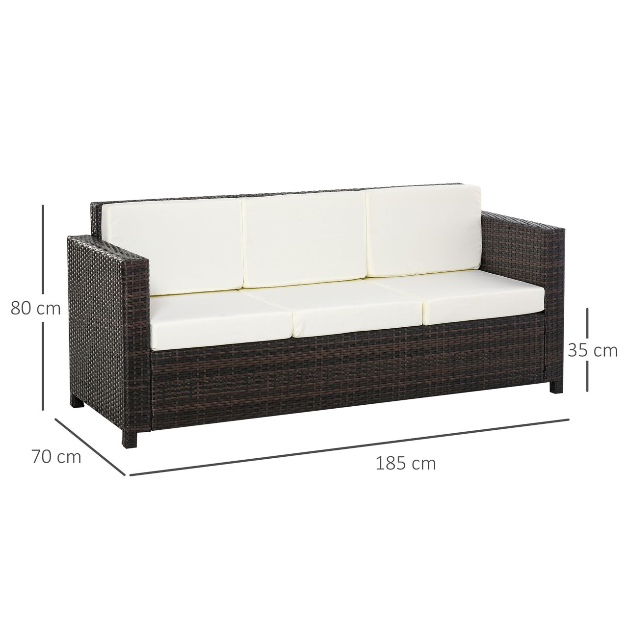 Outsunny Poly-Rattan Sofa mit Kissen 3-Sitzer Garten Loungesofa Polyester Braun