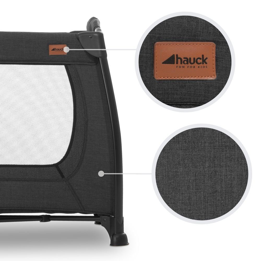 Hauck Baby-Reisebett Play'n Relax Center - Melange Black, 7-tlg., Kinderreisebett mit Matratze, Insektenschutz, Wickelauflage, Einhang
