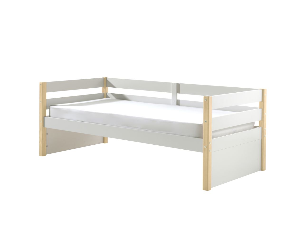 VIPACK Kojen Bett Margrit mit Umrandung u. Rolllattenrost, Liegefläche 90 x 200, Ausf. Weiß lackiert, Bettpfosten Kiefer natur lackiert