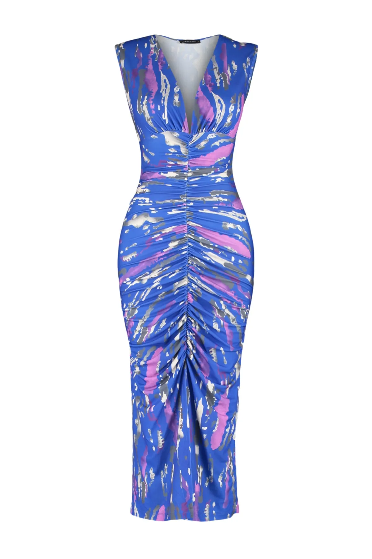 Trendyol Collection  Marineblaues, bedrucktes, tailliertes/tailliertes Midi-Bleistiftkleid aus flexiblem Strick mit Raffung TWOSS23EL00751