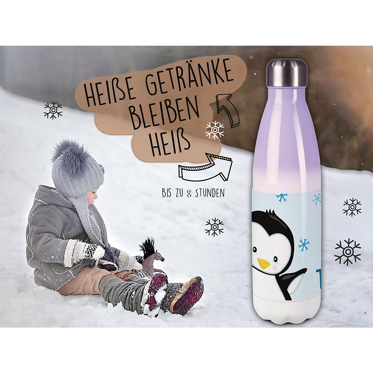 Edelstahl Kinder Thermoflasche / Trinkflasche bunt Pinguin Farbe hellblau Spülmaschinenfest, Auslaufsicher, Bruchfest, Doppelwandig, Für Heißgetränke geeignet, Mit Deckel, Isoliert
