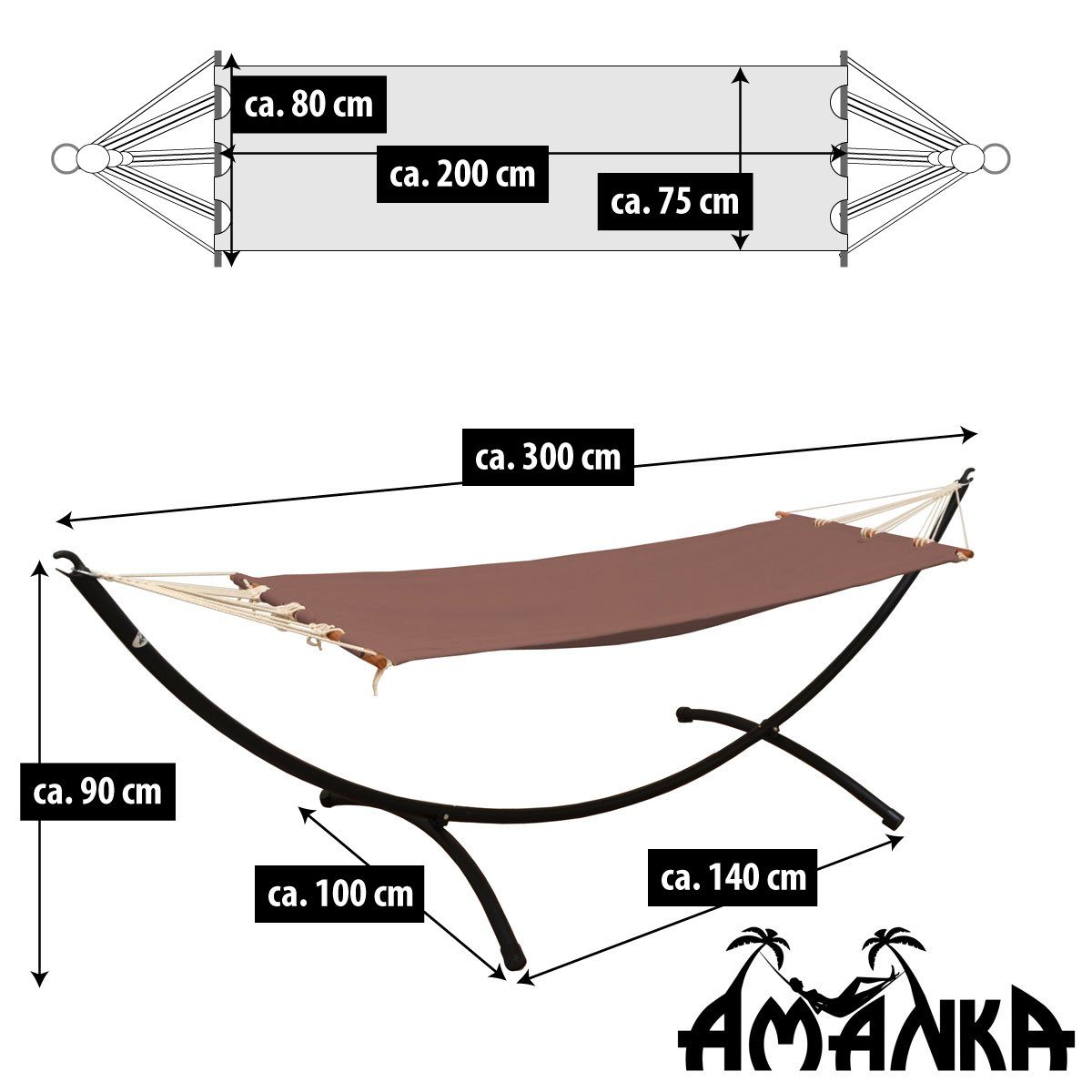 AMANKA Hängematte Hängematte mit Gestell 300x100 Liege, 300x100 cm Hängemattengestell