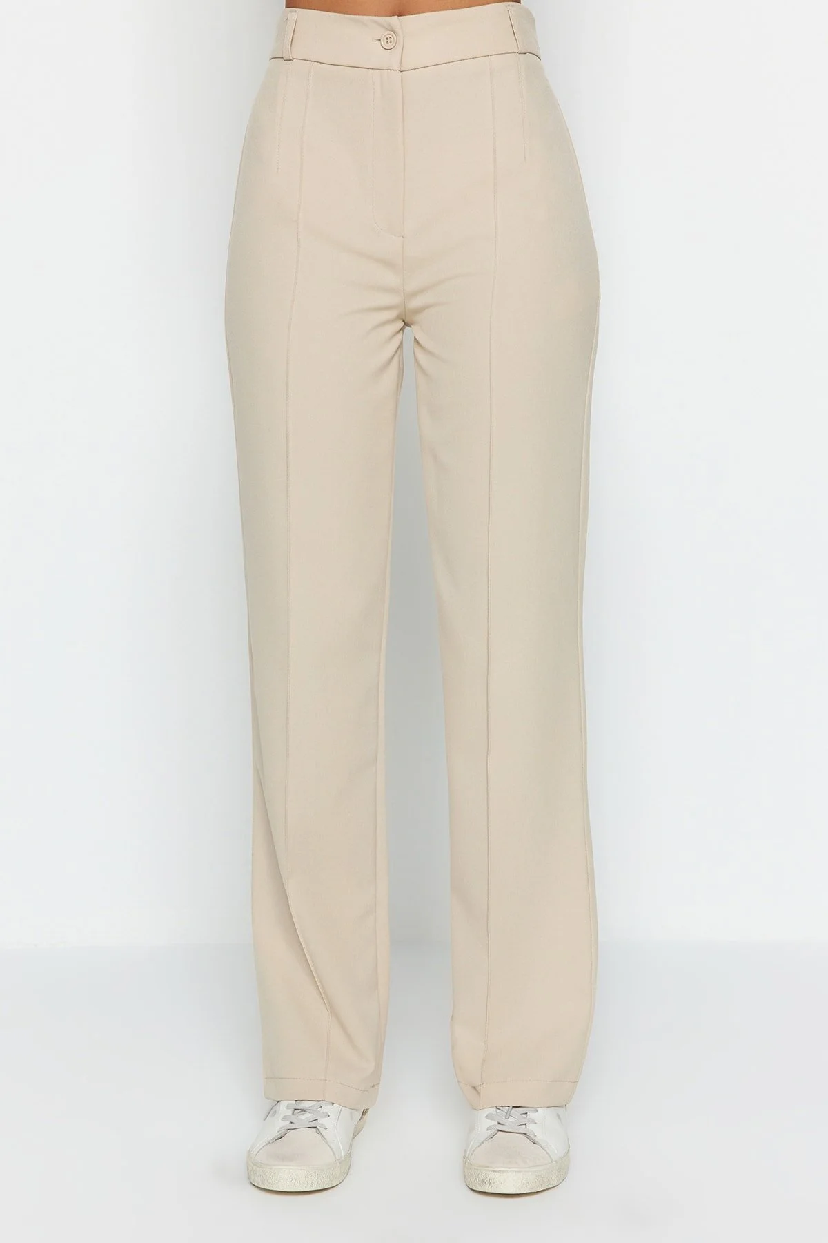 Trendyol Collection  Nerzfarbene, gerade geschnittene, gerippte, gewebte Hose mit hoher Taille TWOSS21PL0093