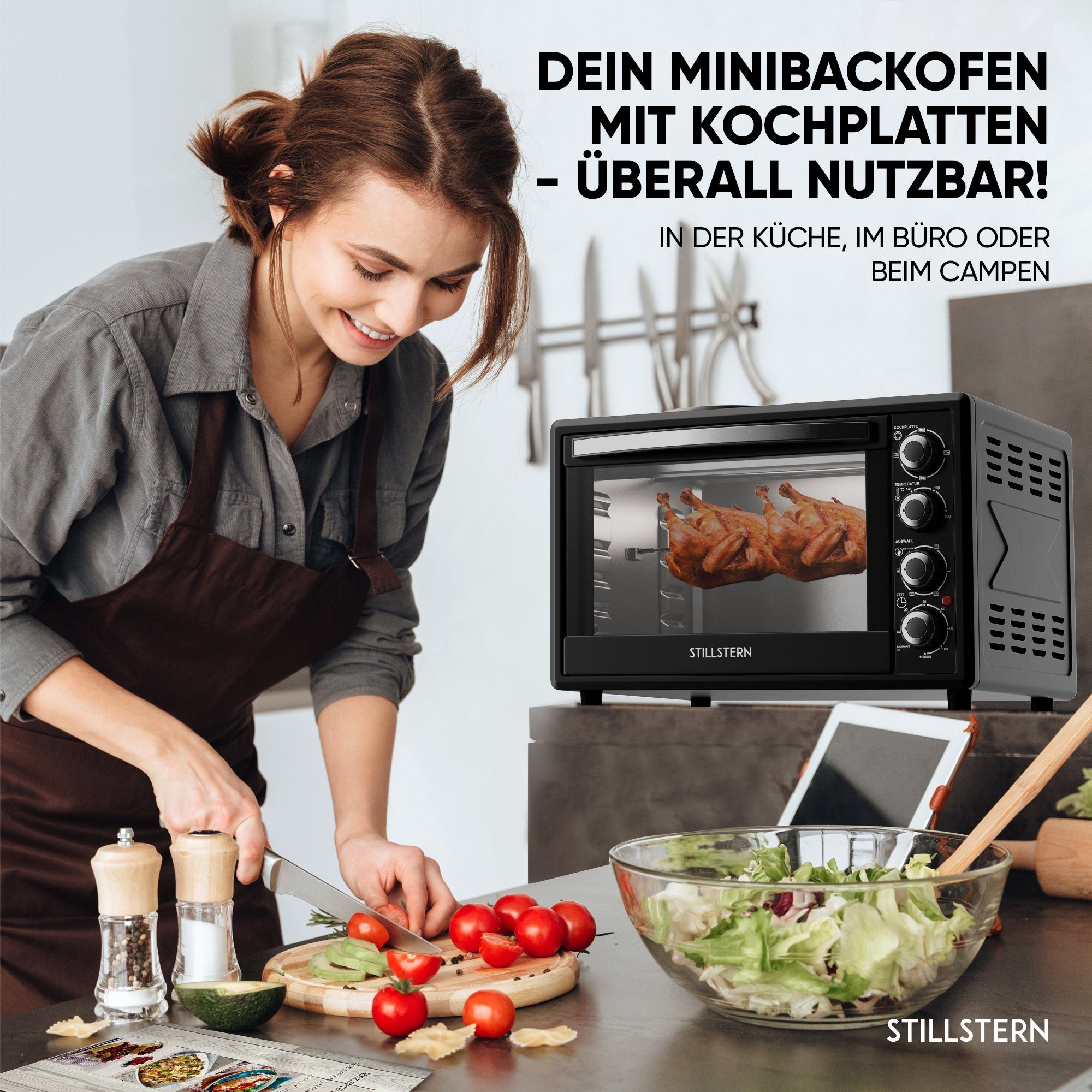Stillstern Minibackofen MB45-KP 2G, Minibackofen mit Kochplatten und Umluft (45L)